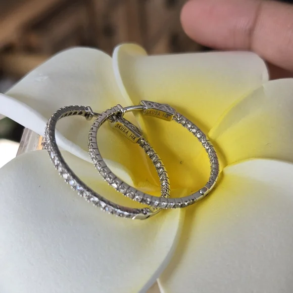 14k In And Out Diamond Hoops - Picture 3 of 9